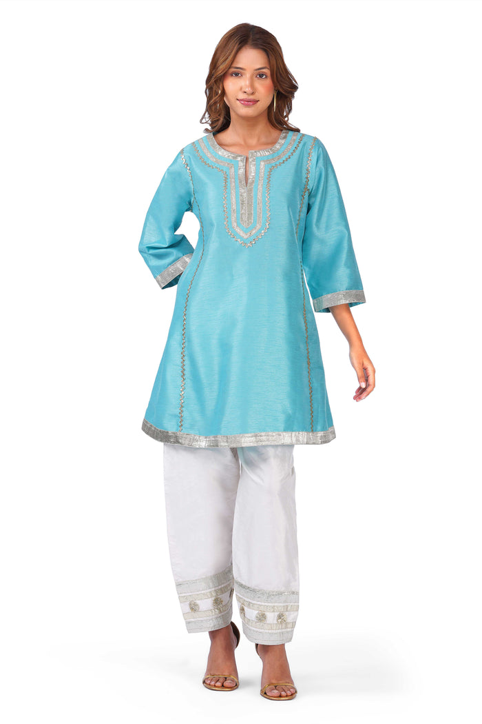 Women Turquoise Blue Dupion Silk Kurta with Off-White Farsi Salwar Set