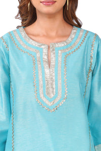 Women Turquoise Blue Dupion Silk Kurta with Off-White Farsi Salwar Set