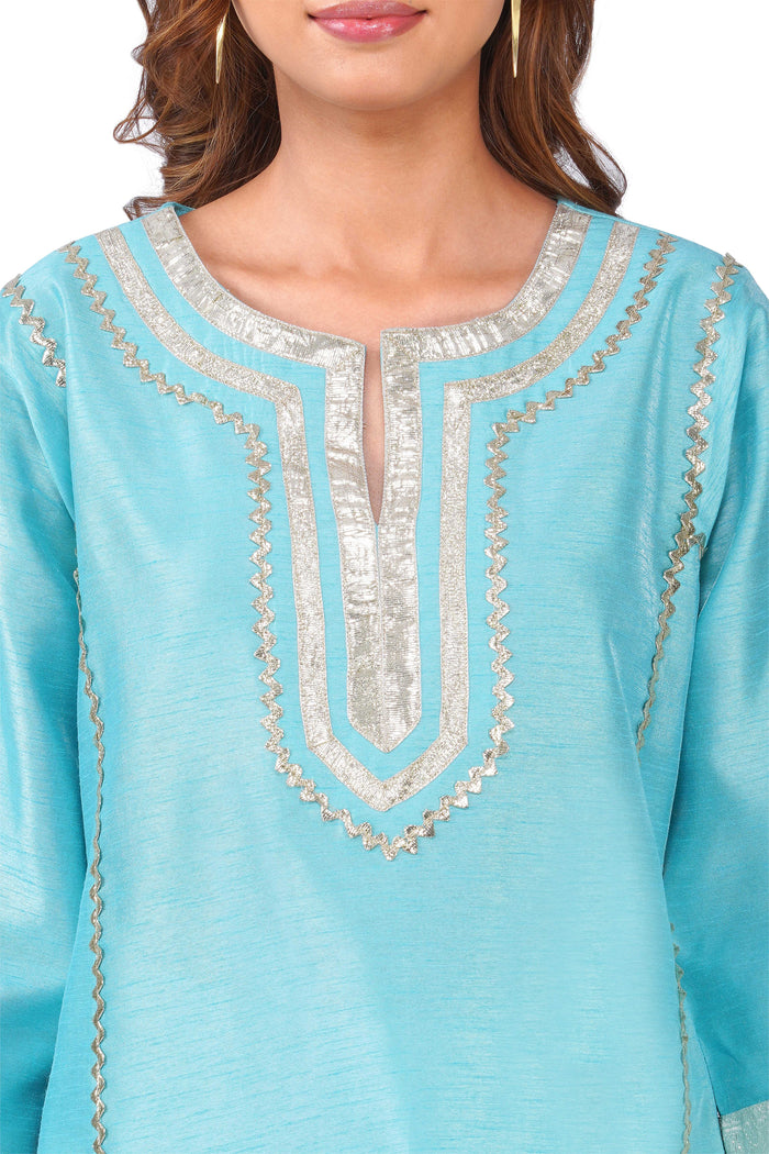 Women Turquoise Blue Dupion Silk Kurta with Off-White Farsi Salwar Set