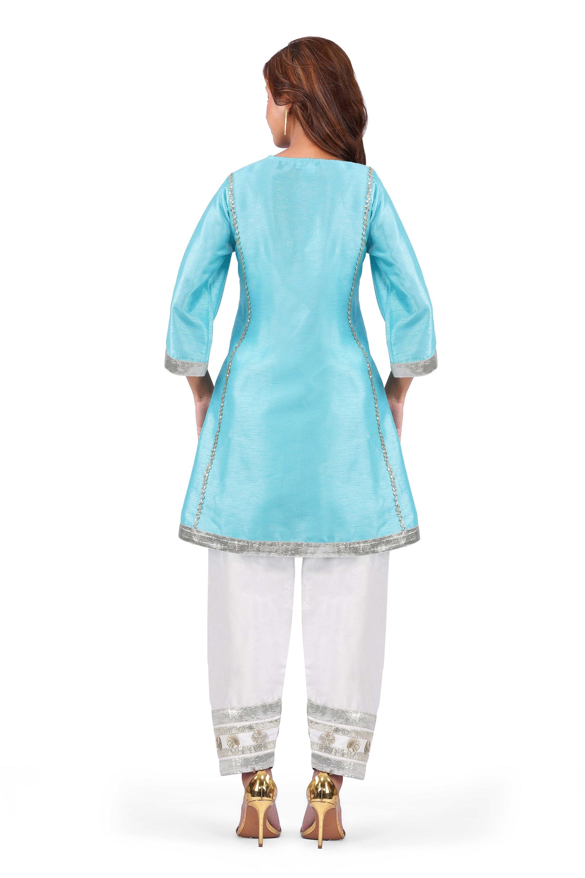 Women Turquoise Blue Dupion Silk Kurta with Off-White Farsi Salwar Set