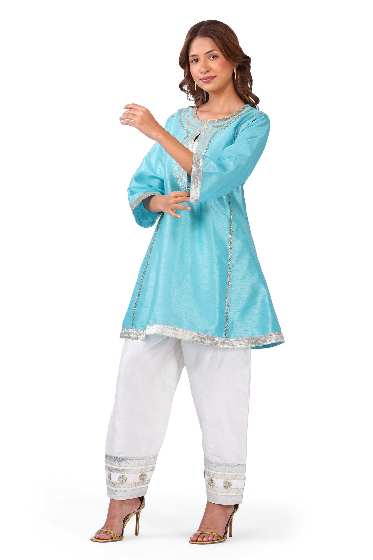 Women Turquoise Blue Dupion Silk Kurta with Off-White Farsi Salwar Set