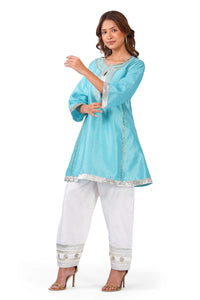Women Turquoise Blue Dupion Silk Kurta with Off-White Farsi Salwar Set