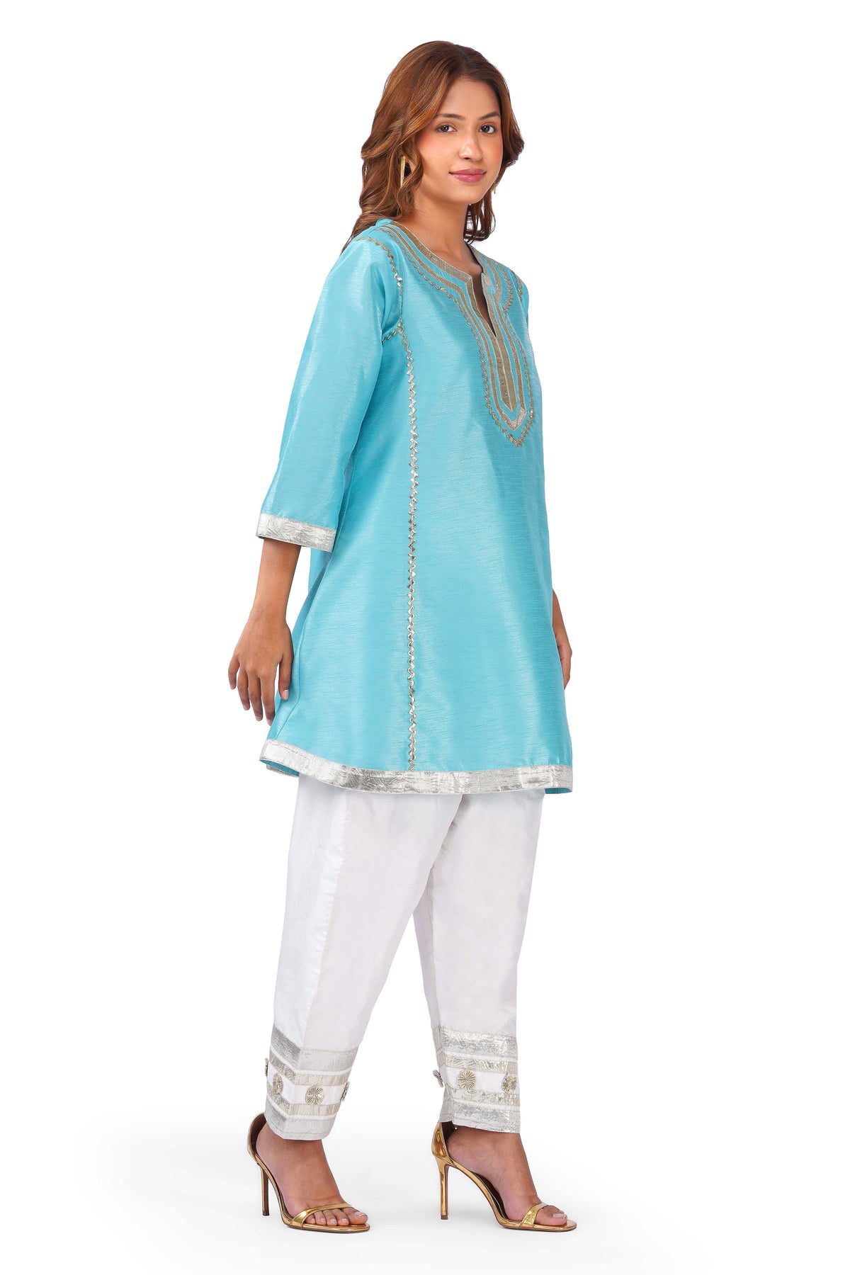 Women Turquoise Blue Dupion Silk Kurta with Off-White Farsi Salwar Set