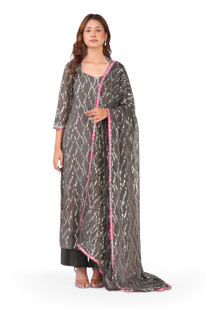 Women's Grey Viscose Lurex Collared Kurta with Straight Pants & Dupatta Set
