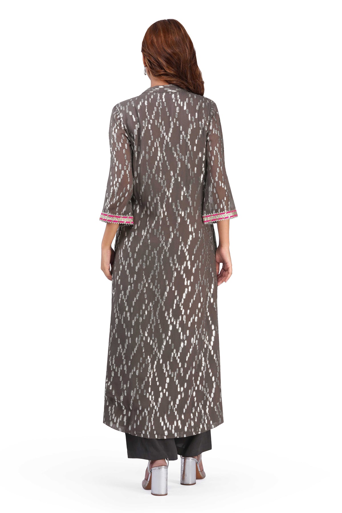 Women's Grey Viscose Lurex Collared Kurta with Straight Pants & Dupatta Set