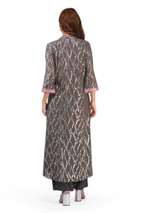 Women's Grey Viscose Lurex Collared Kurta with Straight Pants & Dupatta Set