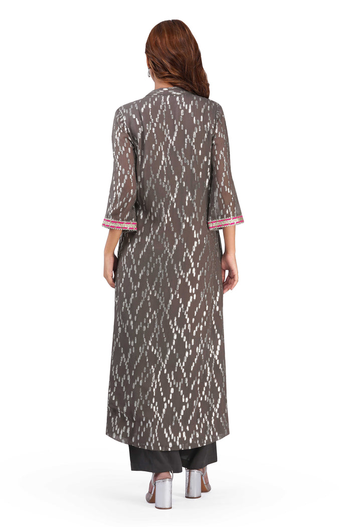 Women's Grey Viscose Lurex Collared Kurta with Straight Pants & Dupatta Set
