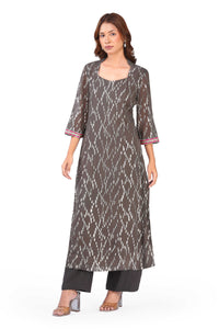Women's Grey Viscose Lurex Collared Kurta with Straight Pants & Dupatta Set