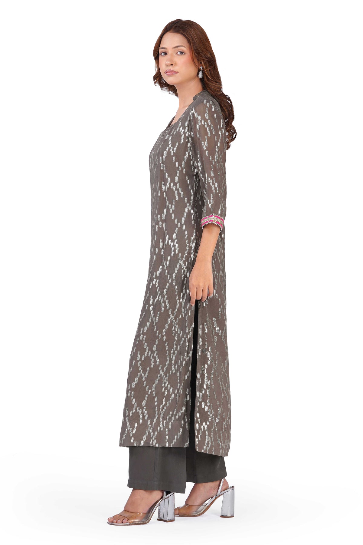 Women's Grey Viscose Lurex Collared Kurta with Straight Pants & Dupatta Set