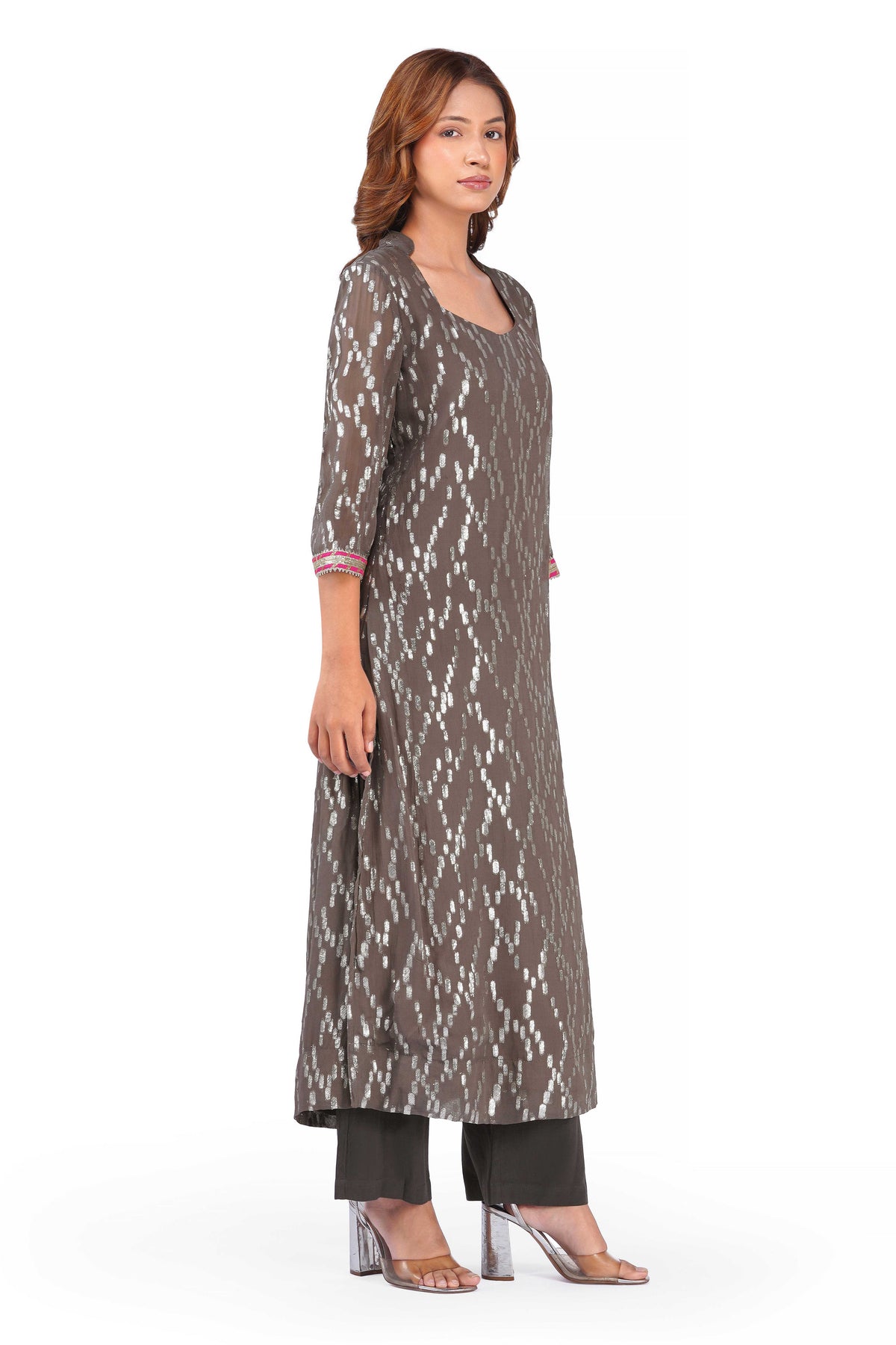 Women's Grey Viscose Lurex Collared Kurta with Straight Pants & Dupatta Set