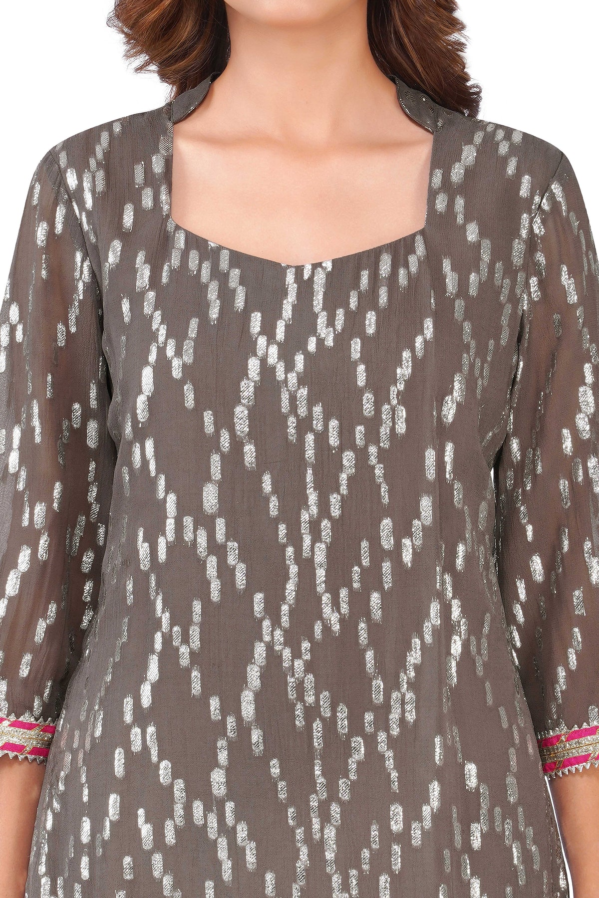 Women's Grey Viscose Lurex Collared Kurta with Straight Pants & Dupatta Set