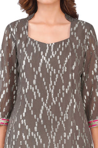 Women's Grey Viscose Lurex Collared Kurta with Straight Pants & Dupatta Set