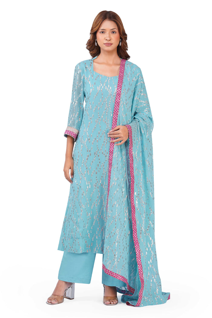 Women Sky Blue Viscose Lurex Collared Kurta with Straight Pants & Dupatta Set