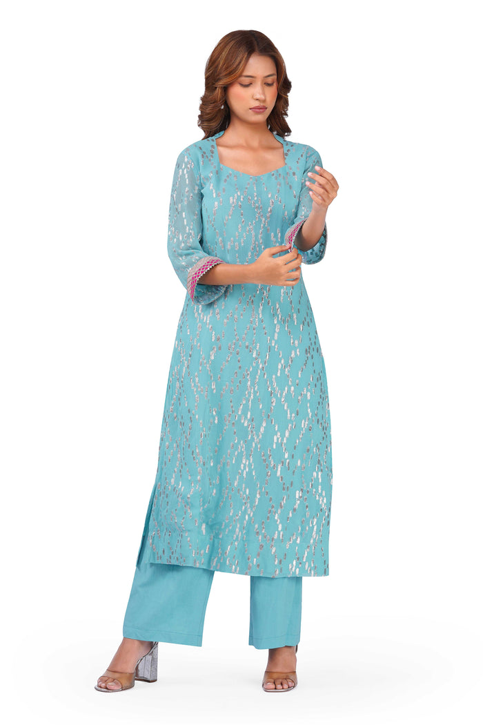 Women Sky Blue Viscose Lurex Collared Kurta with Straight Pants & Dupatta Set