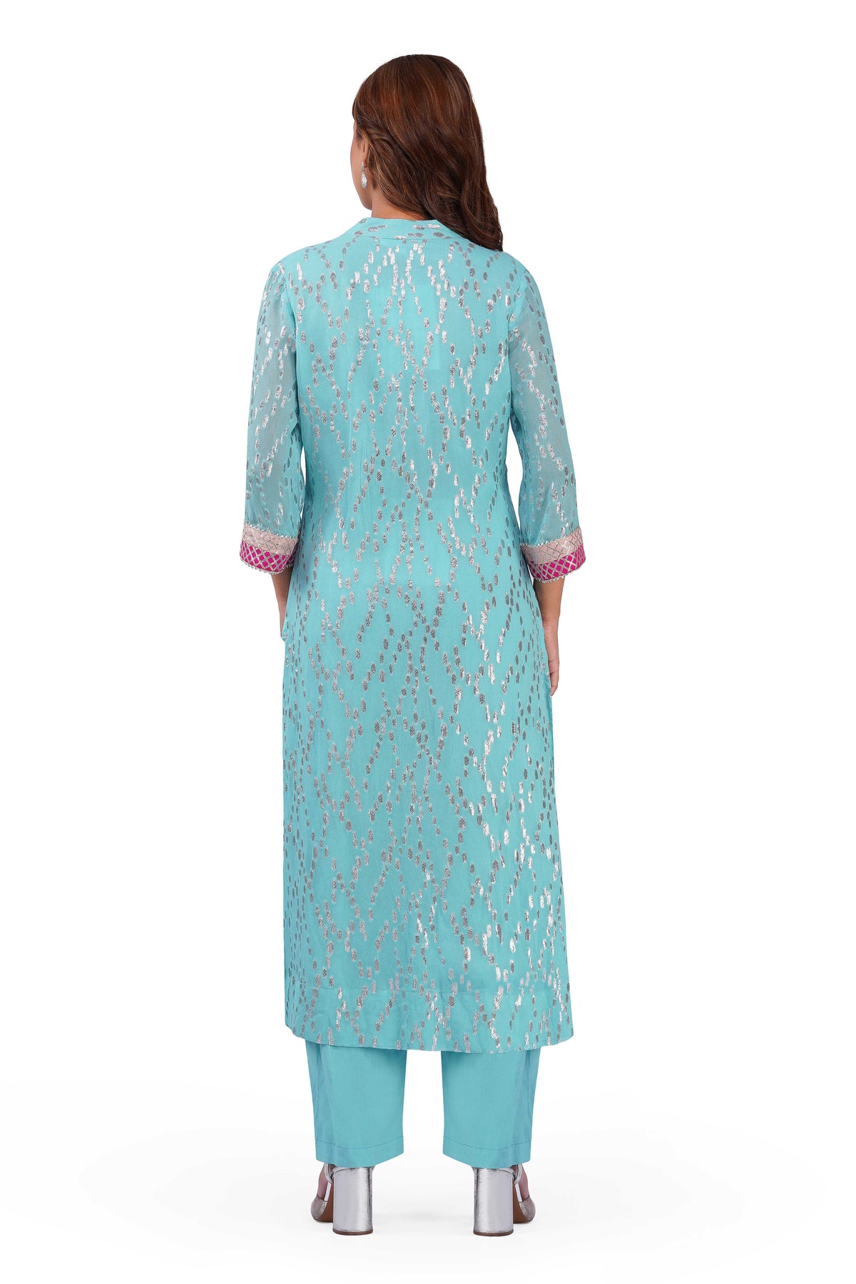 Women Sky Blue Viscose Lurex Collared Kurta with Straight Pants & Dupatta Set