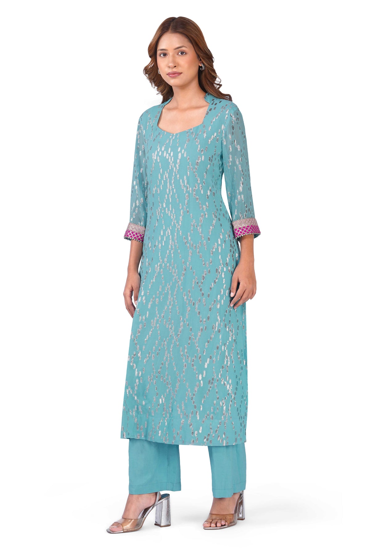 Women Sky Blue Viscose Lurex Collared Kurta with Straight Pants & Dupatta Set