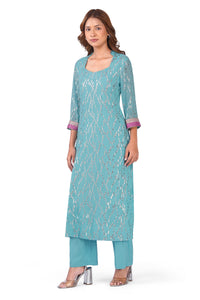 Women Sky Blue Viscose Lurex Collared Kurta with Straight Pants & Dupatta Set