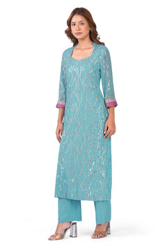 Women Sky Blue Viscose Lurex Collared Kurta with Straight Pants & Dupatta Set
