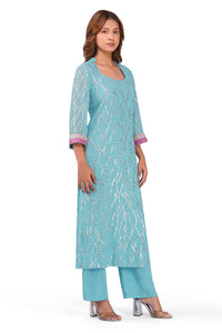 Women Sky Blue Viscose Lurex Collared Kurta with Straight Pants & Dupatta Set