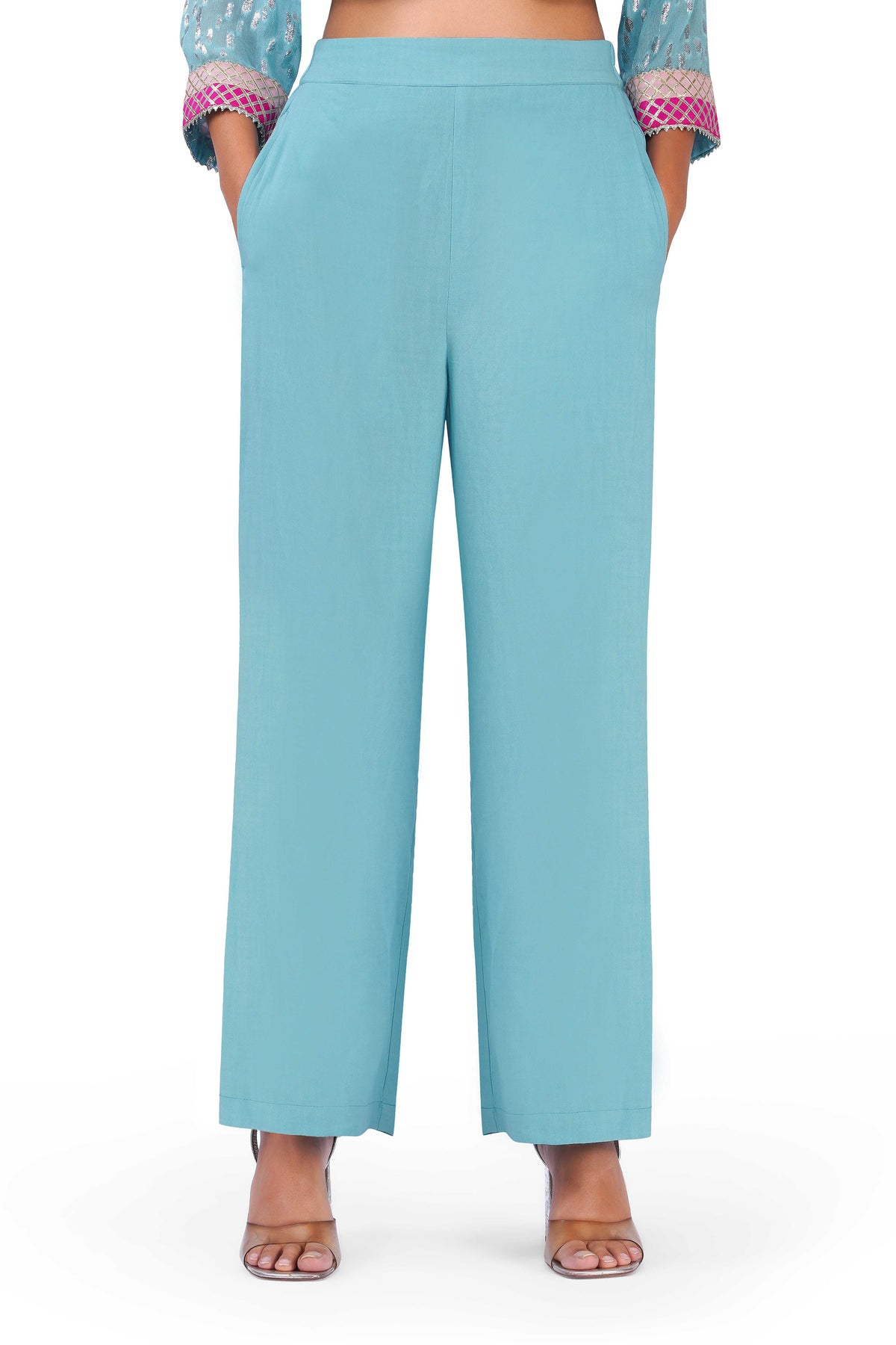 Women Sky Blue Viscose Lurex Collared Kurta with Straight Pants & Dupatta Set
