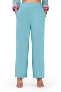 Women Sky Blue Viscose Lurex Collared Kurta with Straight Pants & Dupatta Set