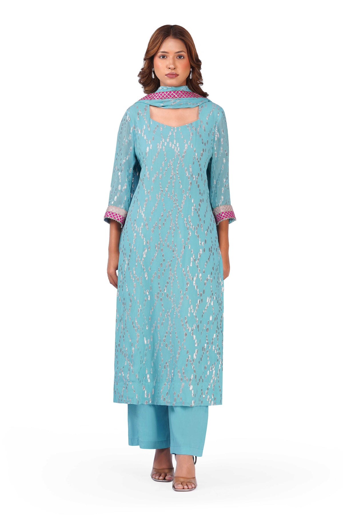 Women Sky Blue Viscose Lurex Collared Kurta with Straight Pants & Dupatta Set