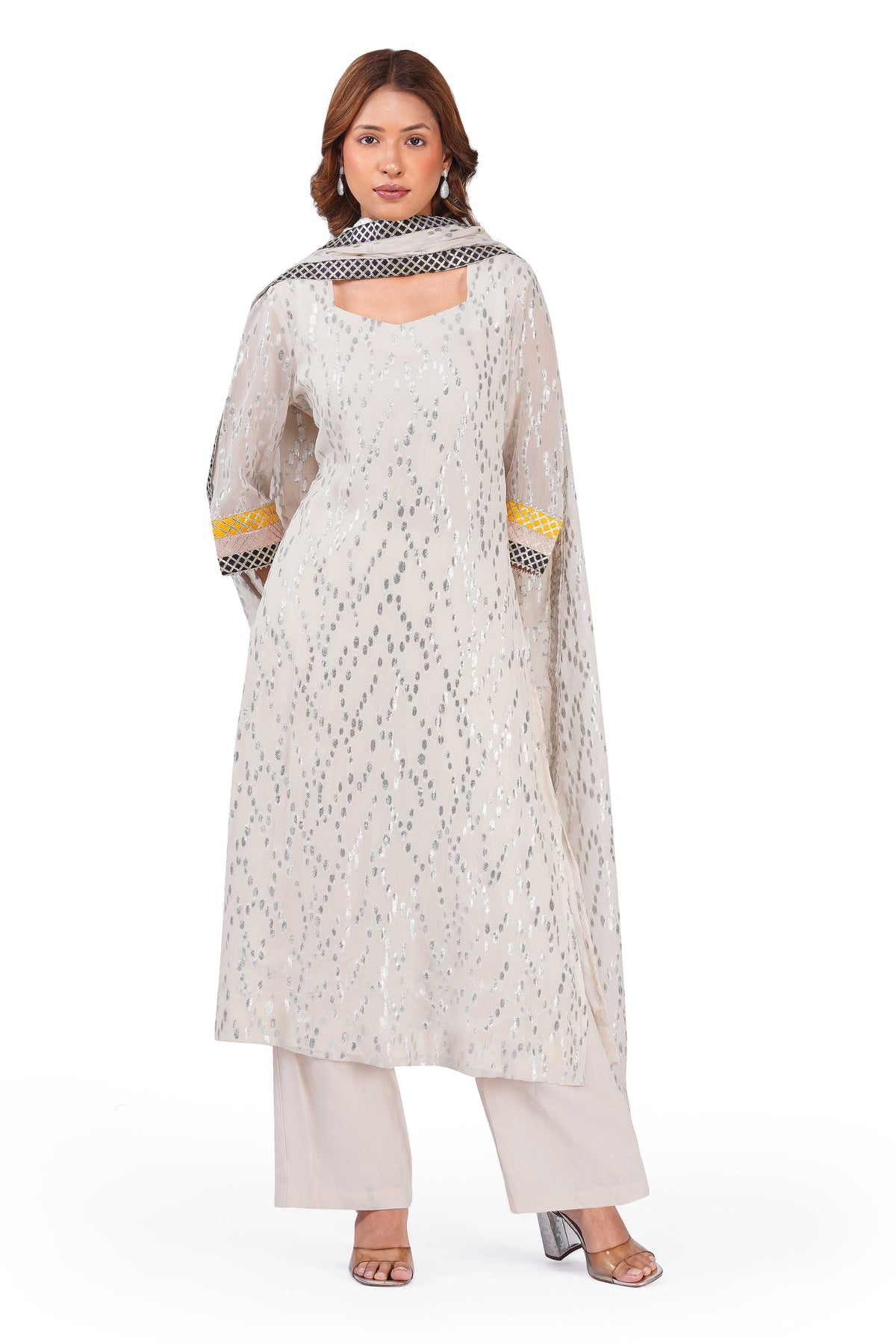 Ivory Sparkle Off-White Viscose Lurex Collared Kurta Set with Straight Pants & Dupatta