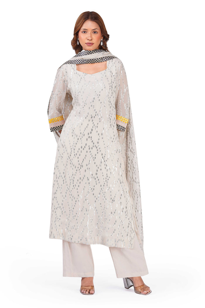 Ivory Sparkle Off-White Viscose Lurex Collared Kurta Set with Straight Pants & Dupatta