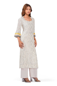 Ivory Sparkle Off-White Viscose Lurex Collared Kurta Set with Straight Pants & Dupatta
