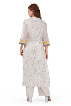 Ivory Sparkle Off-White Viscose Lurex Collared Kurta Set with Straight Pants & Dupatta
