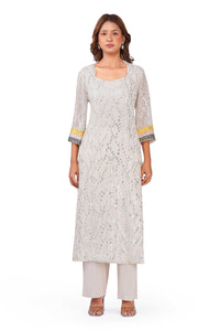 Ivory Sparkle Off-White Viscose Lurex Collared Kurta Set with Straight Pants & Dupatta