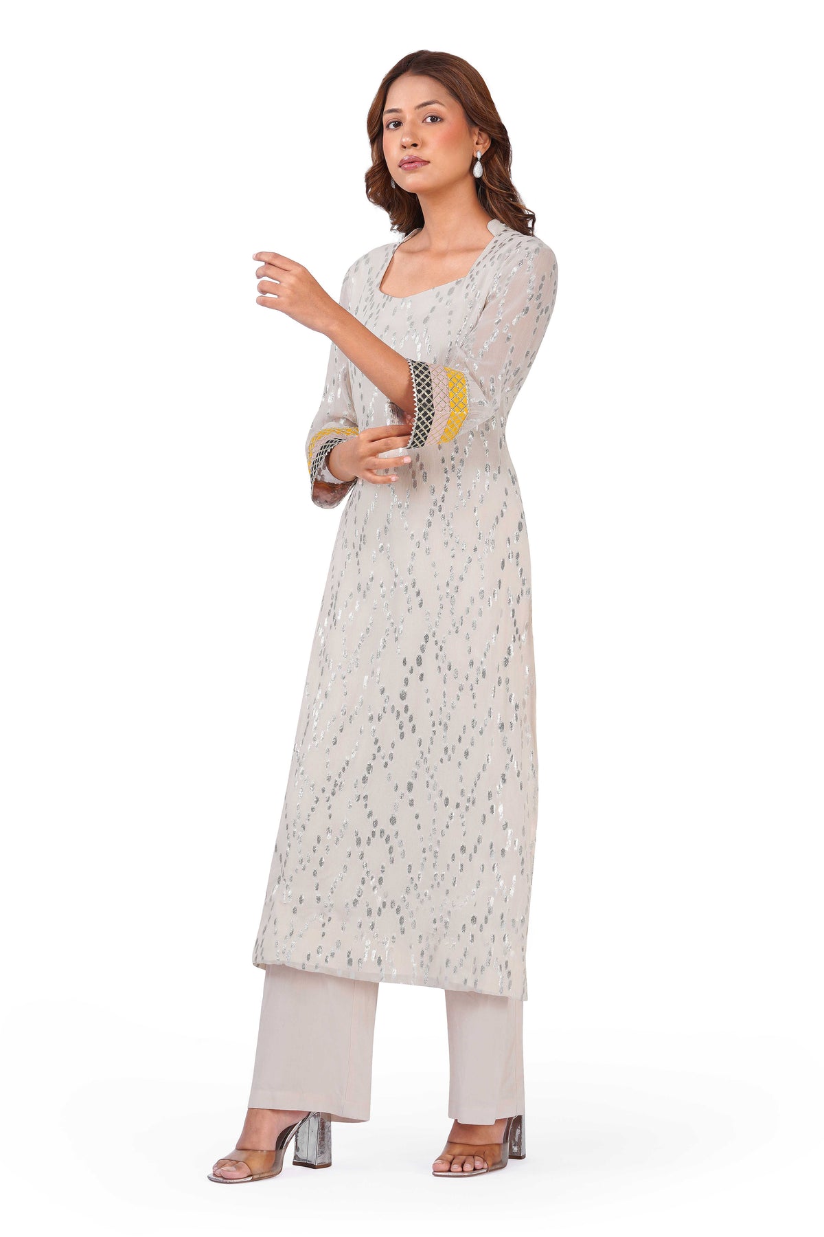 Ivory Sparkle Off-White Viscose Lurex Collared Kurta Set with Straight Pants & Dupatta