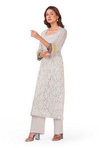 Ivory Sparkle Off-White Viscose Lurex Collared Kurta Set with Straight Pants & Dupatta