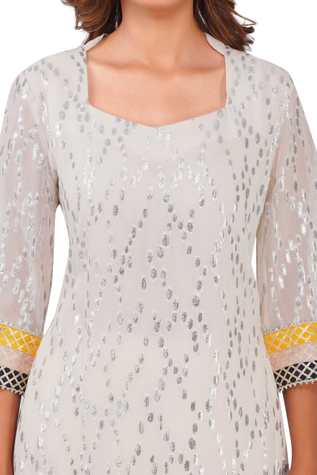 Ivory Sparkle Off-White Viscose Lurex Collared Kurta Set with Straight Pants & Dupatta