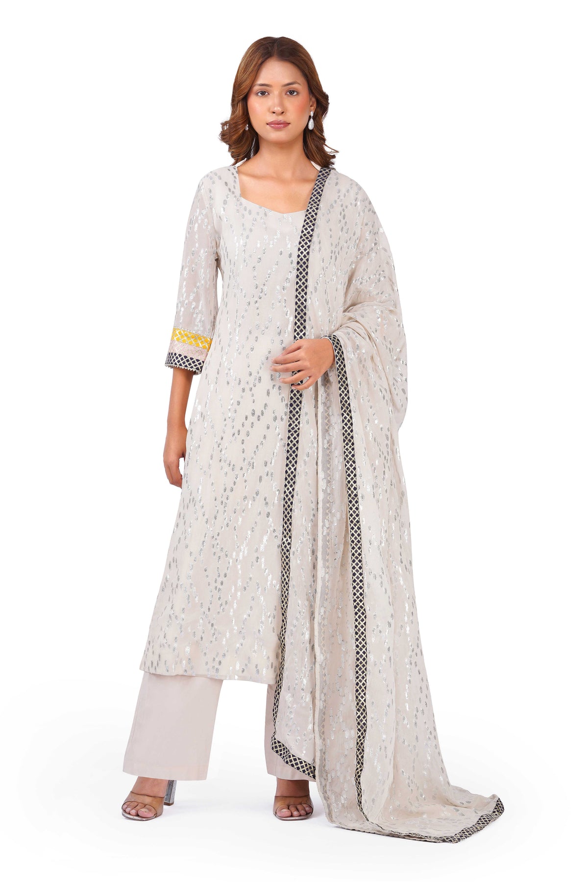 Ivory Sparkle Off-White Viscose Lurex Collared Kurta Set with Straight Pants & Dupatta