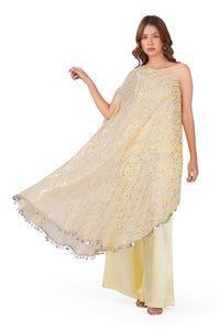 Sunshine Draped Elegance Yellow One-Shoulder Asymmetric Lurex Co-ord Set