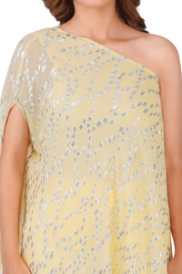 Sunshine Draped Elegance Yellow One-Shoulder Asymmetric Lurex Co-ord Set