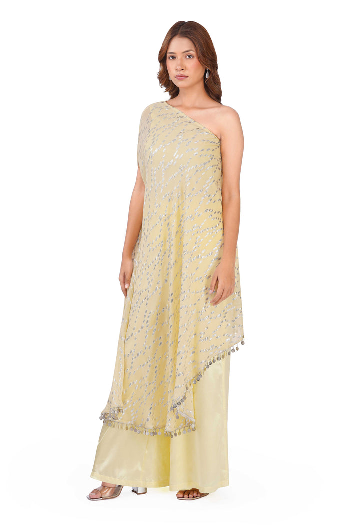Sunshine Draped Elegance Yellow One-Shoulder Asymmetric Lurex Co-ord Set