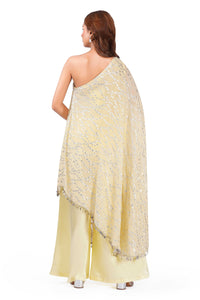 Sunshine Draped Elegance Yellow One-Shoulder Asymmetric Lurex Co-ord Set