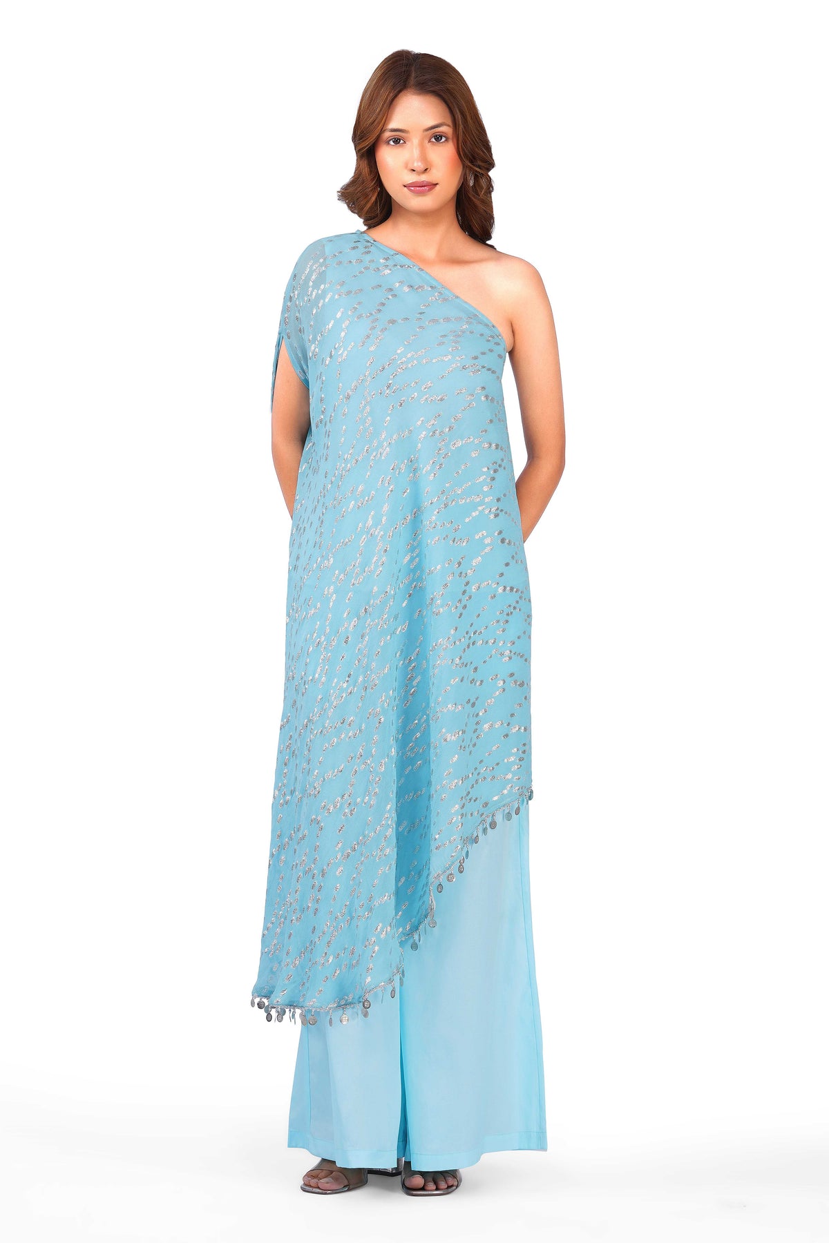 Celestial Draped Grace Sky Blue One-Shoulder Asymmetric Lurex Co-ord Set