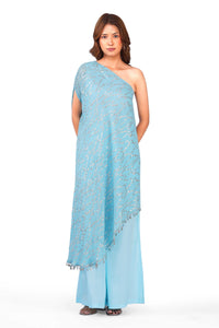 Celestial Draped Grace Sky Blue One-Shoulder Asymmetric Lurex Co-ord Set