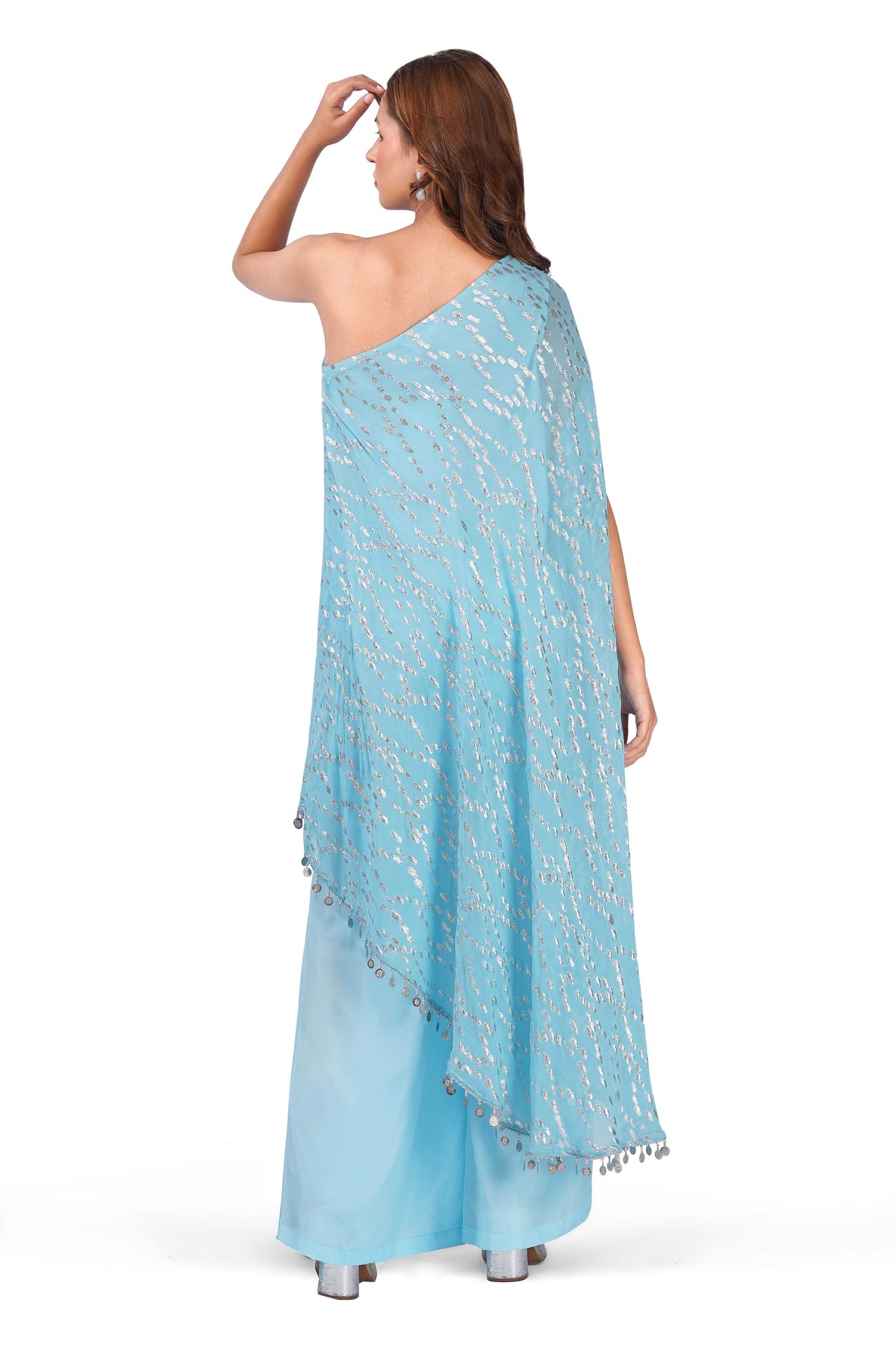 Celestial Draped Grace Sky Blue One-Shoulder Asymmetric Lurex Co-ord Set