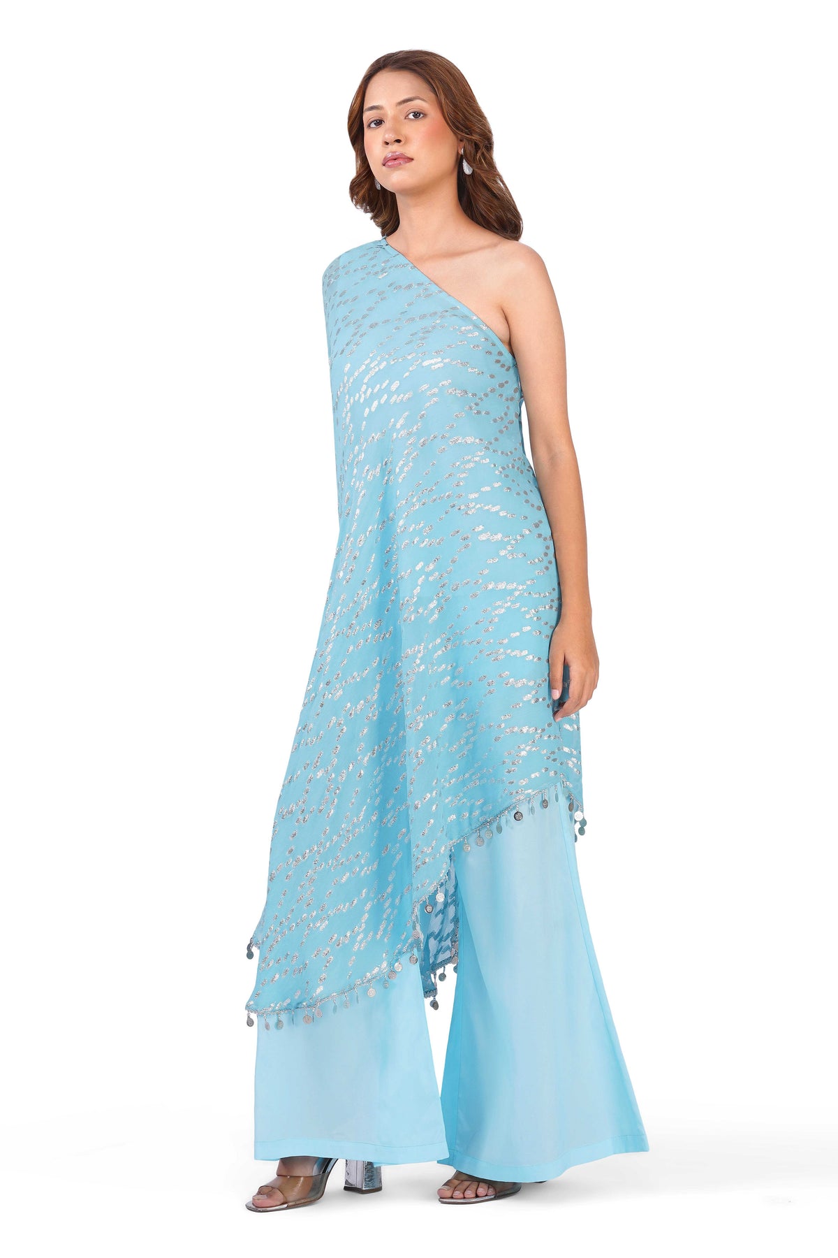 Celestial Draped Grace Sky Blue One-Shoulder Asymmetric Lurex Co-ord Set