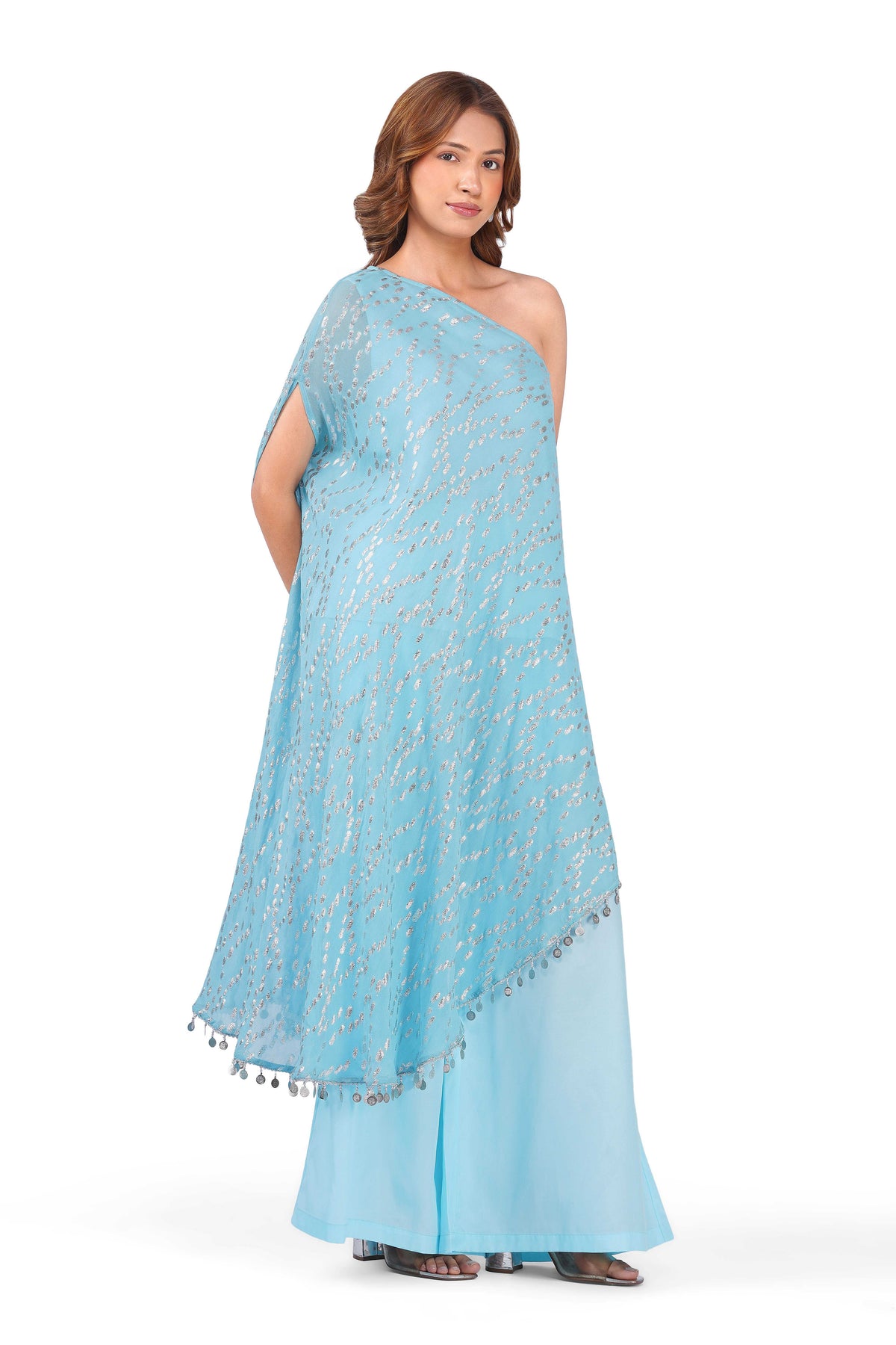Celestial Draped Grace Sky Blue One-Shoulder Asymmetric Lurex Co-ord Set