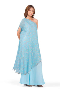 Celestial Draped Grace Sky Blue One-Shoulder Asymmetric Lurex Co-ord Set