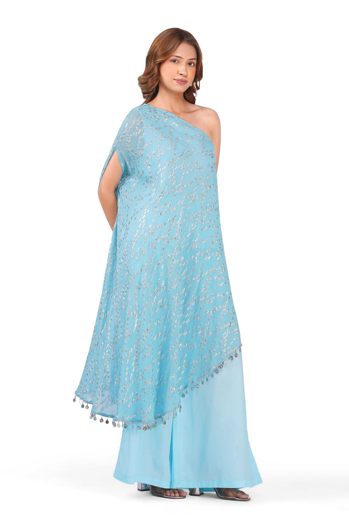 Celestial Draped Grace Sky Blue One-Shoulder Asymmetric Lurex Co-ord Set