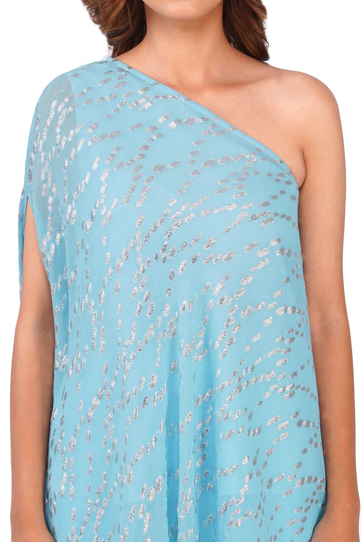 Celestial Draped Grace Sky Blue One-Shoulder Asymmetric Lurex Co-ord Set