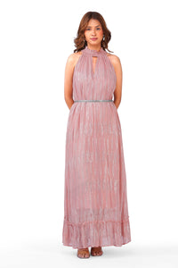 Blush Pink Silver Lurex High Neck Ruffle Sleeveless Occasion Dress