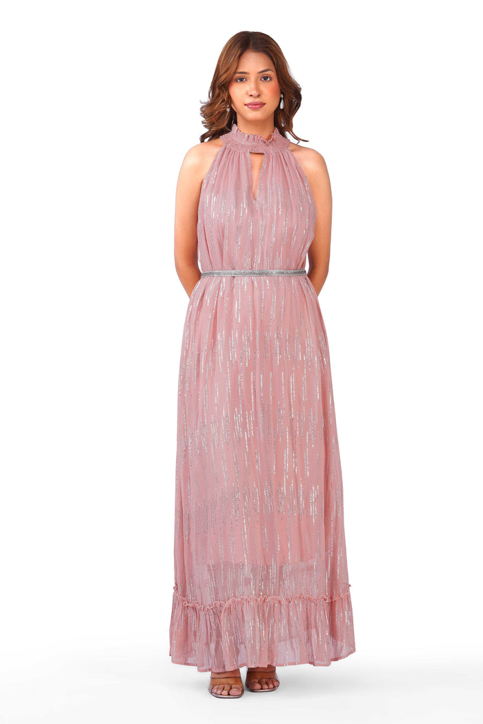 Blush Pink Silver Lurex High Neck Ruffle Sleeveless Occasion Dress