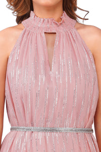 Blush Pink Silver Lurex High Neck Ruffle Sleeveless Occasion Dress